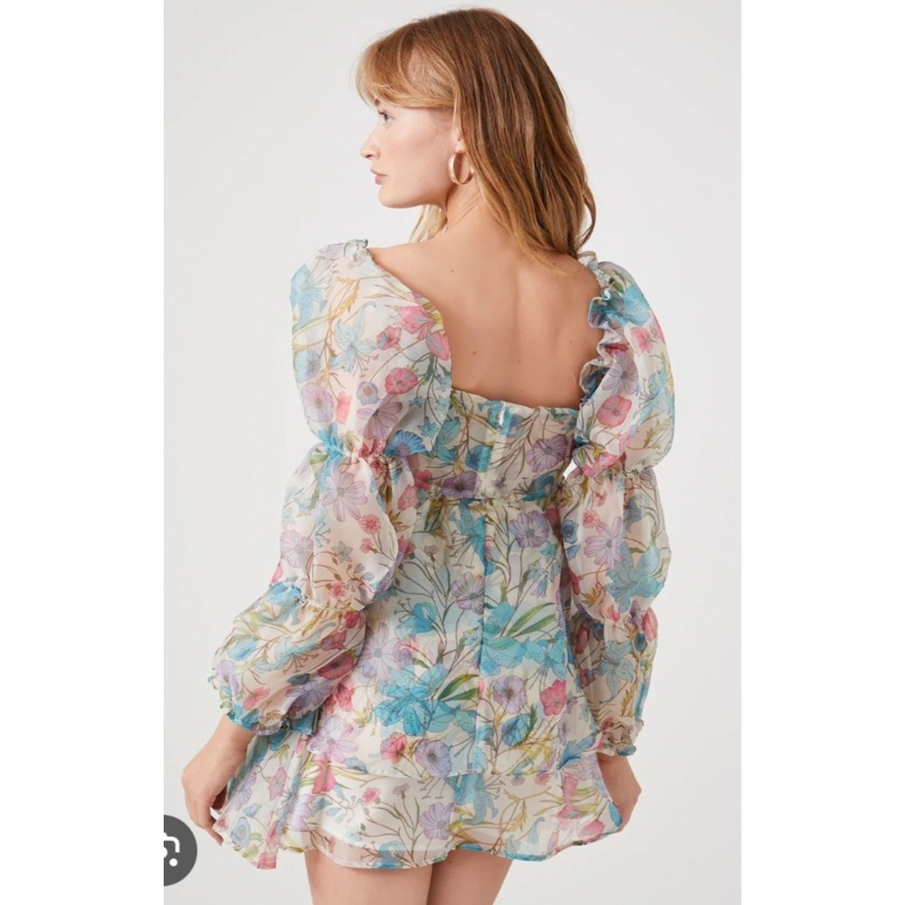 Forever 21 Floral Pastel Organza Puff Sleeve Babydoll Mini Dress Vtg Y2K Medium - Picture 3 of 16